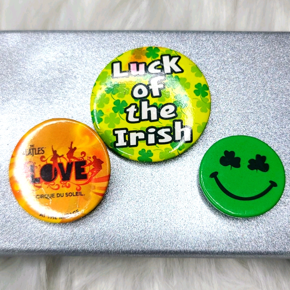 St. Patrick's Day Buttons Pins Set Of 3 Green Fun Whimsical Irish Lucky Emoji
